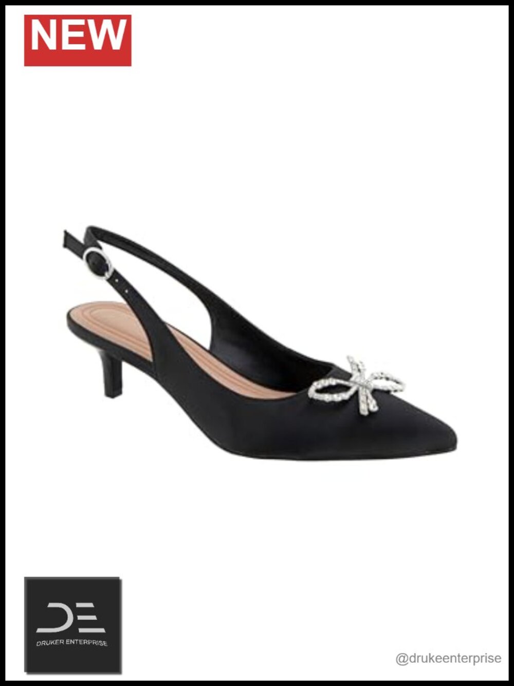 Pointed Toe Kitten Heels Rhinestone Bow Brooch Cushioned Satin